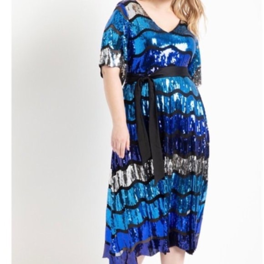 Eloquii Blue Sequin Midi Dress with Black Belt